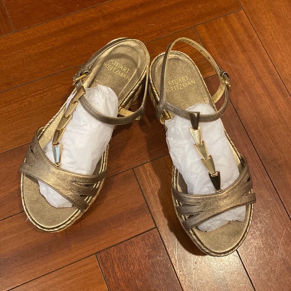 Stuart Weitzman Flecha Metallic Platform Espadrille Wedge Sandal